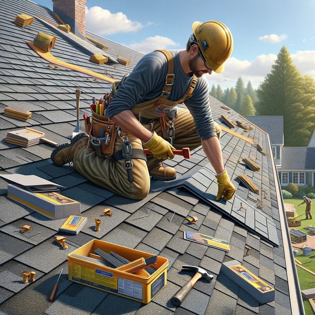  a worker installing asphalt shingles on a sloped roof