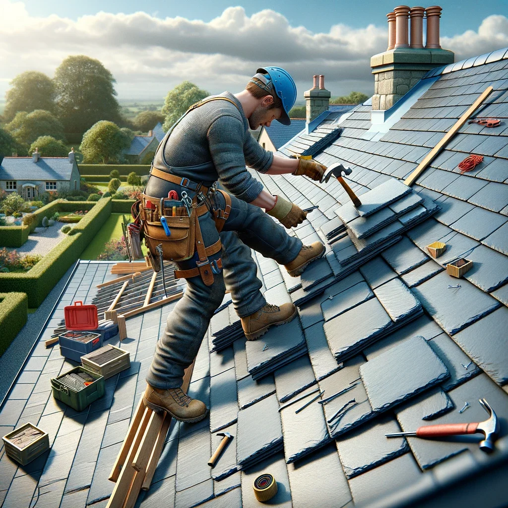 worker installing slate tiles on a steep roof