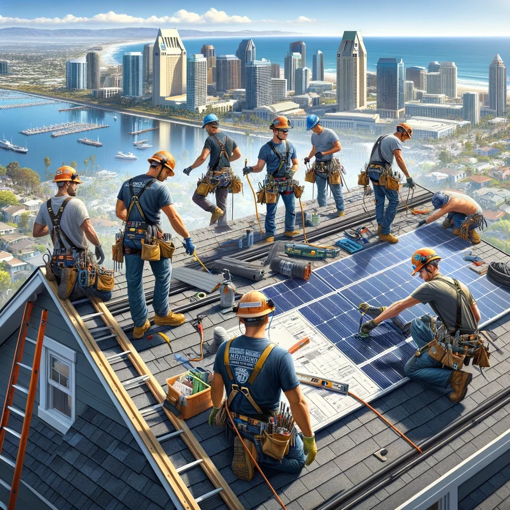 showing several workers on a roof in San Diego, installing a modern roofing system with the distinctive San Diego skyline in the background.