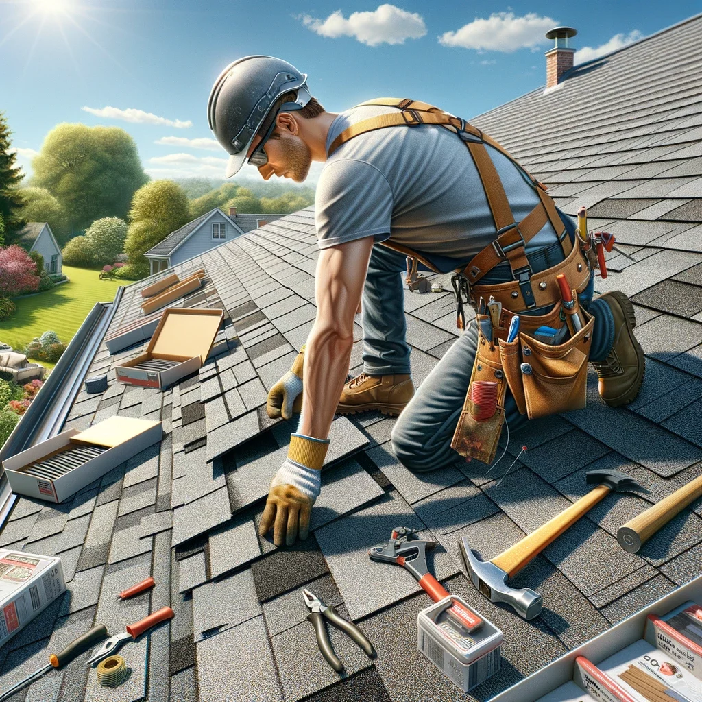 asphalt shingles, a toolbox, and other roofing materials. 