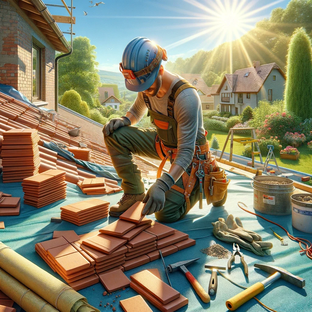 construction worker meticulously installing terracotta tiles on a roof under the bright sun.