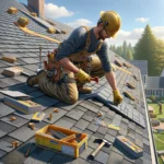 a worker installing asphalt shingles on a sloped roof
