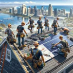 showing several workers on a roof in San Diego, installing a modern roofing system with the distinctive San Diego skyline in the background.