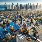 showing several workers on a roof in San Diego, installing a modern roofing system with the distinctive San Diego skyline in the background.