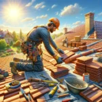 construction worker installing terracotta tiles on a roof