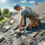 asphalt shingles, a toolbox, and other roofing materials.