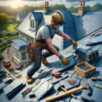 a worker installing slate tiles on a steep roof.