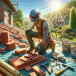 construction worker meticulously installing terracotta tiles on a roof under the bright sun.