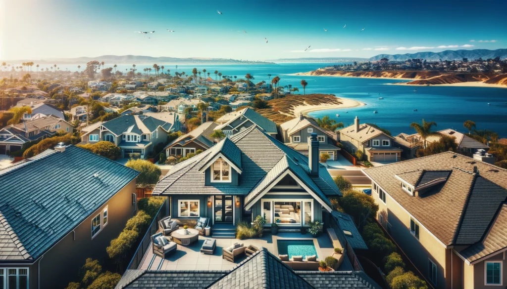 A beautiful rooftop in San Diego with high-quality shingles, showcasing a well-maintained, modern home against a backdrop of clear blue skies and coastal scenery.